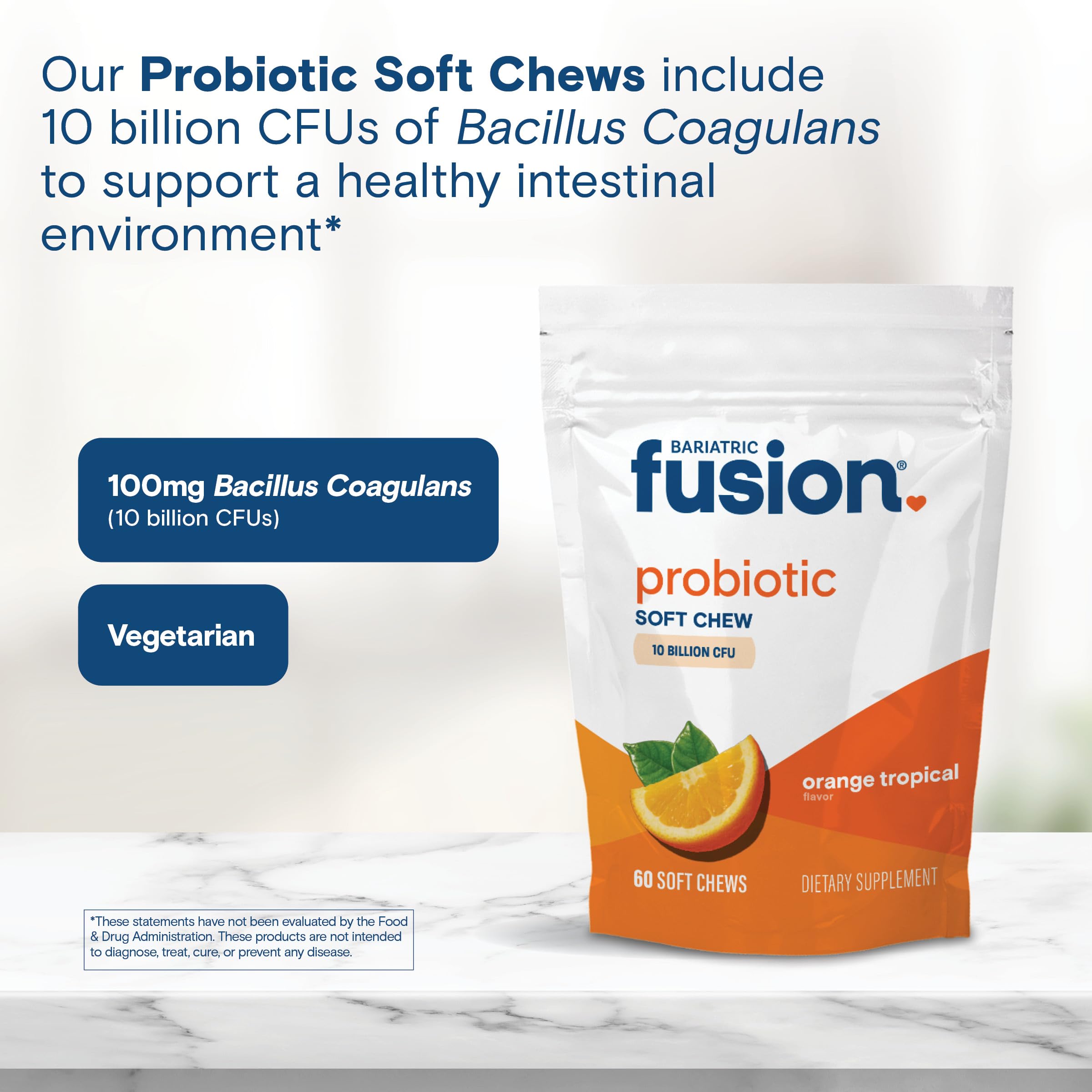 Bottle of Bariatric Fusion probiotic soft chews showing 60-count supply