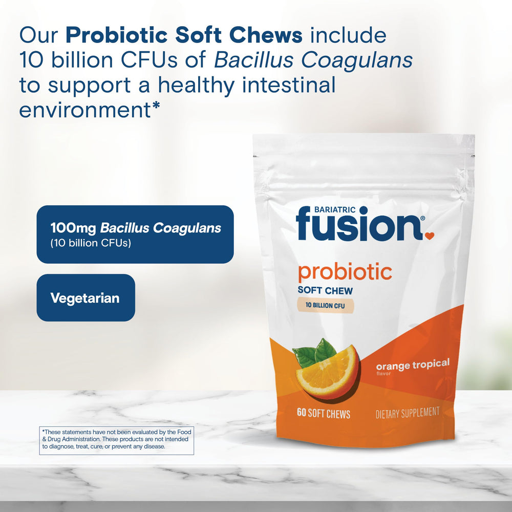 Bottle of Bariatric Fusion probiotic soft chews showing 60-count supply