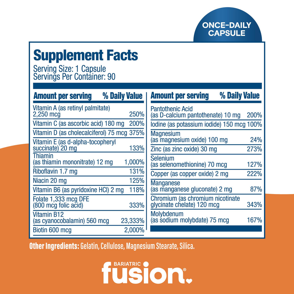Bariatric Fusion bottle label close-up highlighting high absorption and ASMBS guidelines.