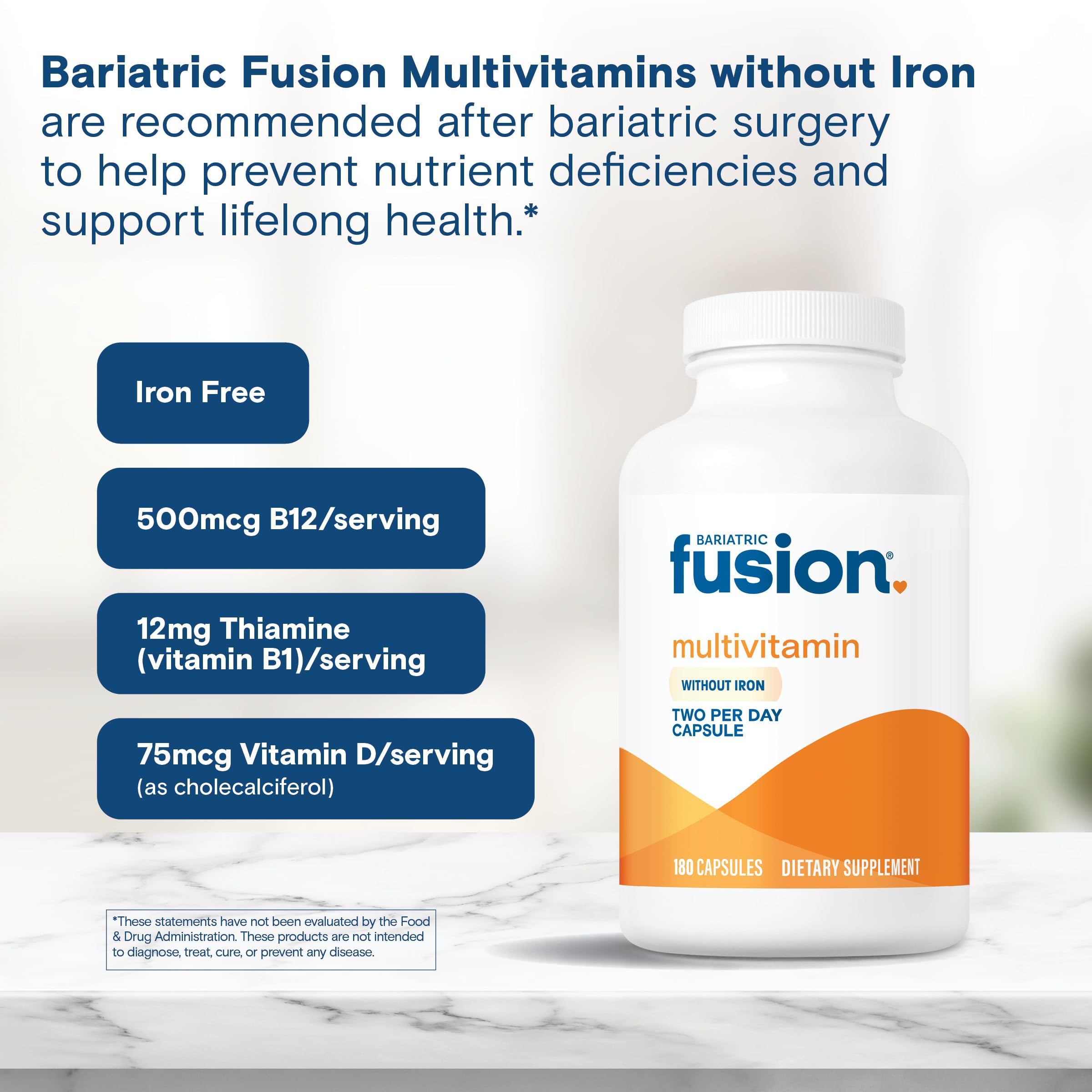 Bariatric Fusion bottle with pills highlights sugar-free, gluten-free formulation.