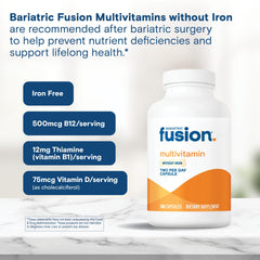 Bariatric Fusion bottle with pills highlights sugar-free, gluten-free formulation.