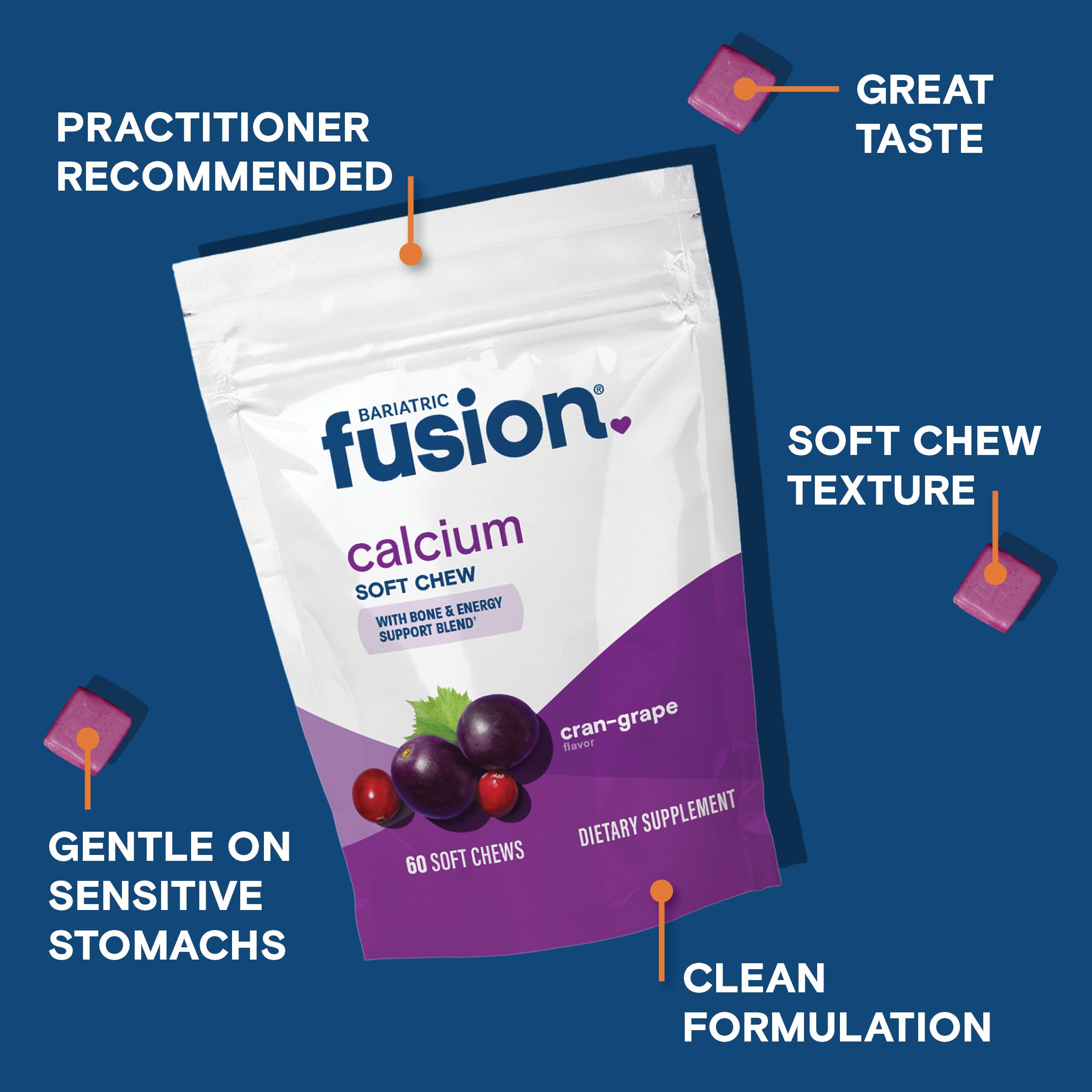 Bariatric Fusion calcium chews cranberry grape flavor close-up