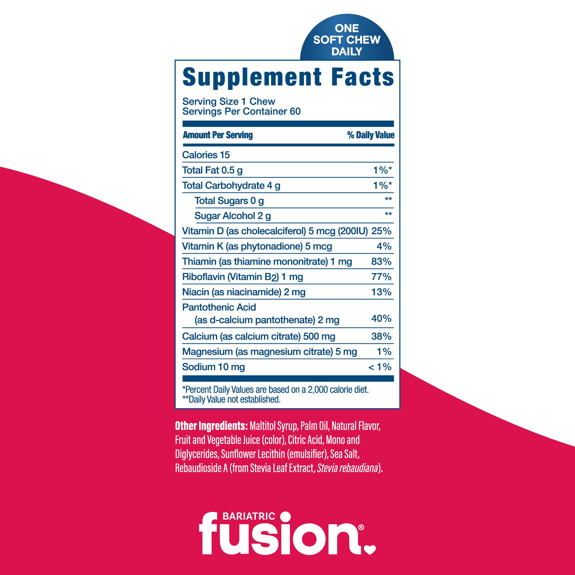 Bariatric Fusion Calcium Chews ingredients panel emphasizes D3, K, magnesium