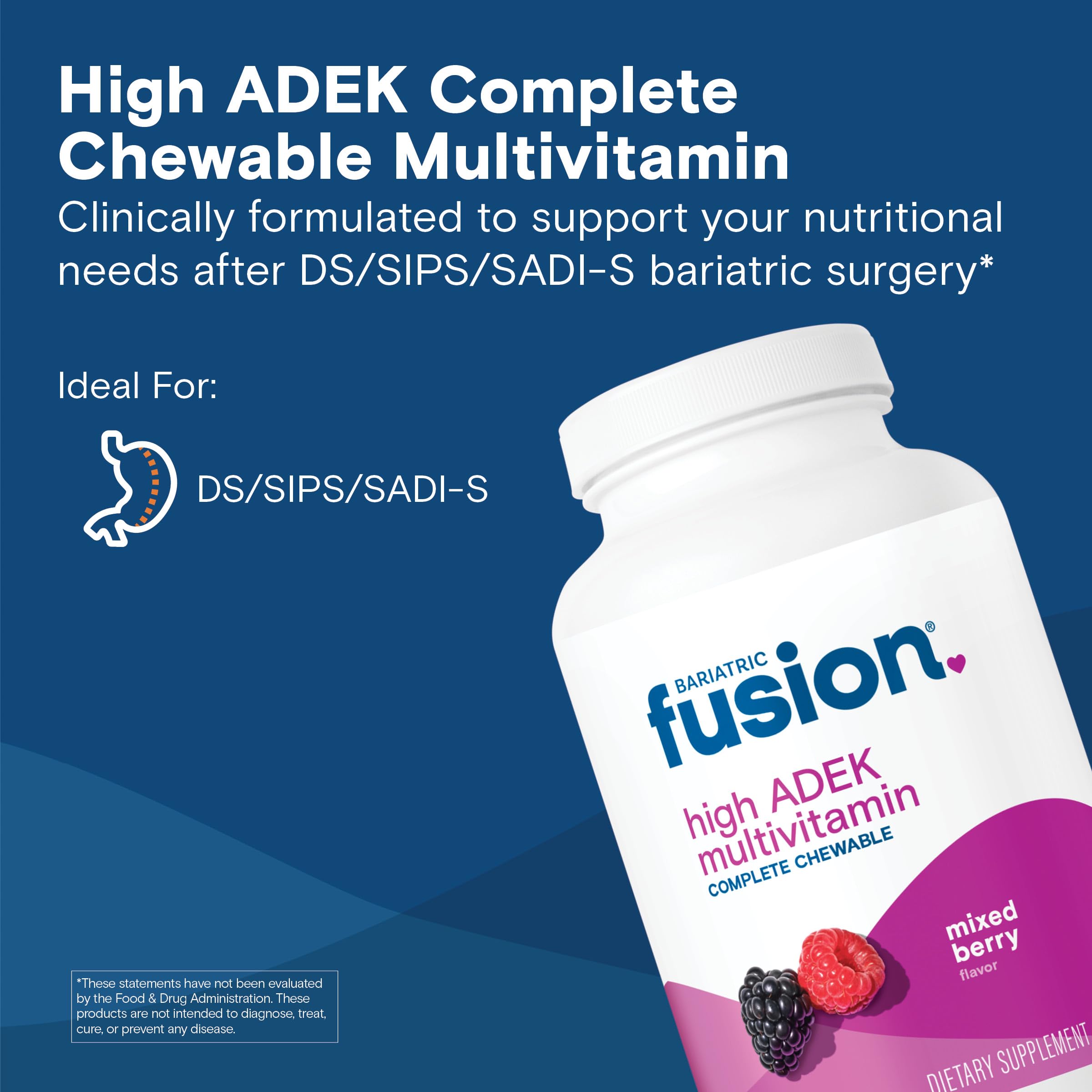 Bariatric Fusion chewable tablet close-up highlighting high ADEK vitamins