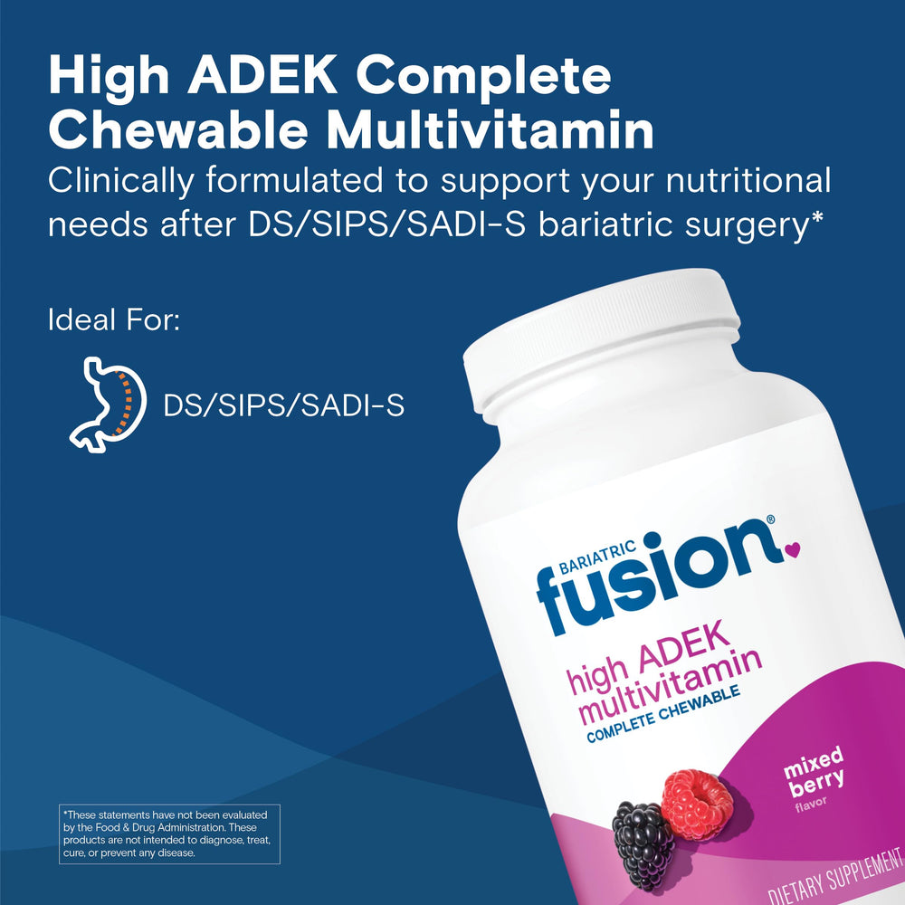 Bariatric Fusion chewable tablet close-up highlighting high ADEK vitamins