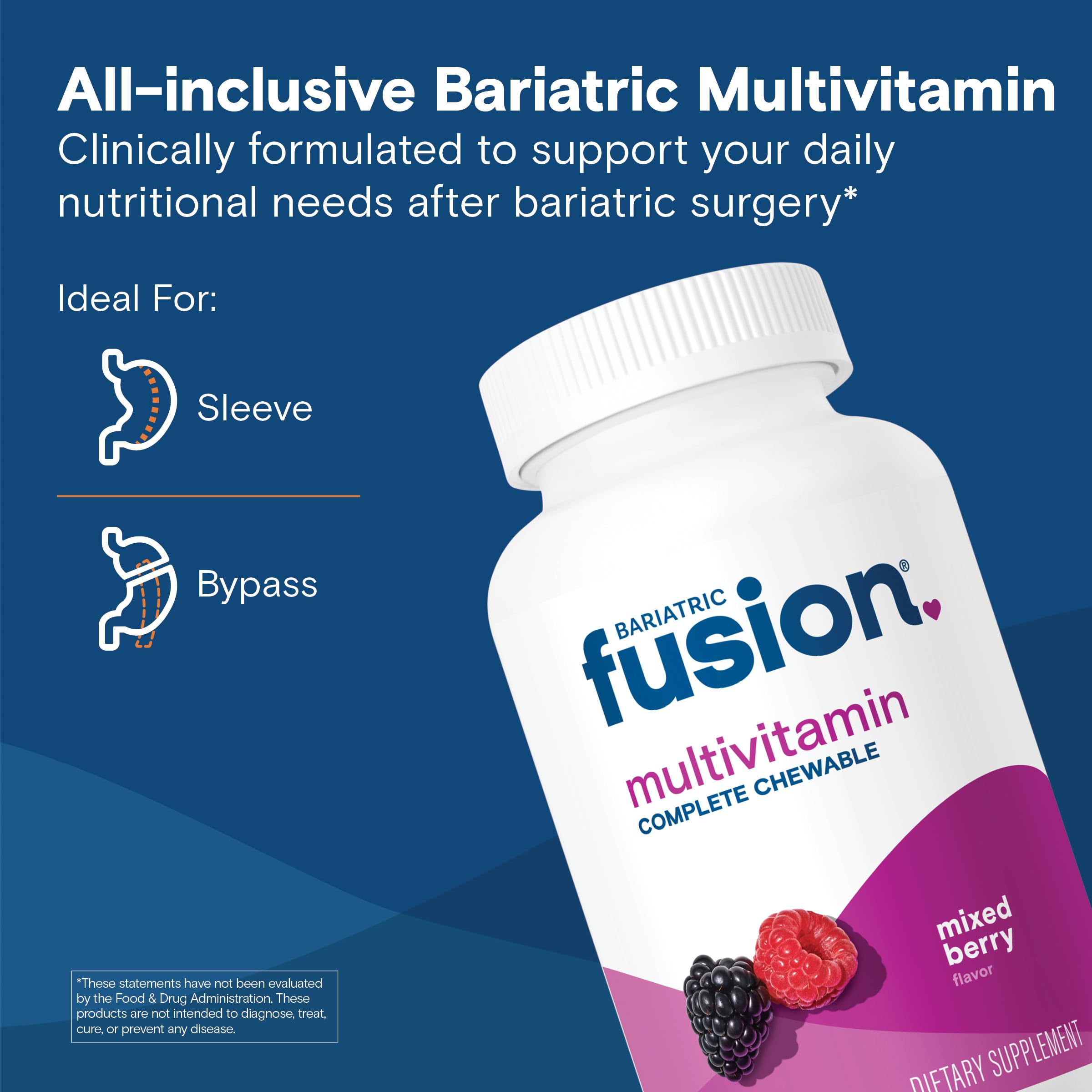 Bariatric Fusion chewable tablets close-up showing mixed berry flavor.