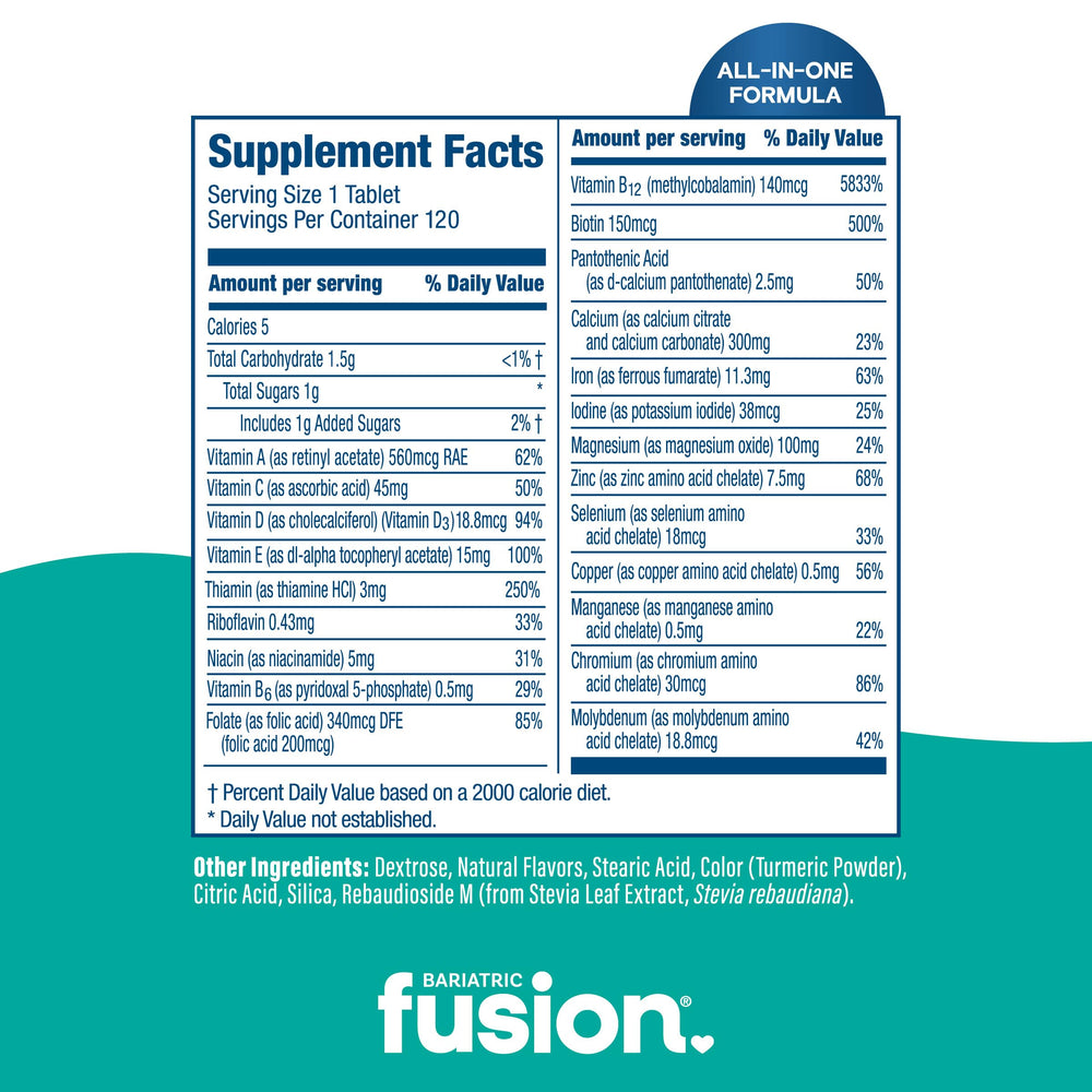 Bariatric Fusion daily-use chews four-per-day guidance illustrated by tablet layout