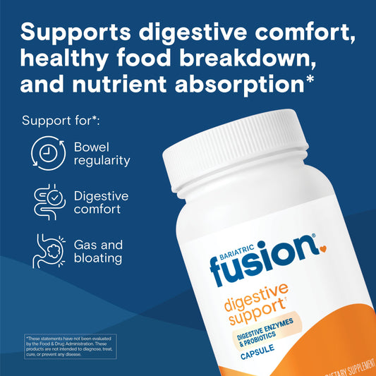 Bariatric Fusion Digestive Support capsules close-up highlighting enzyme-probiotic blend for digestion.