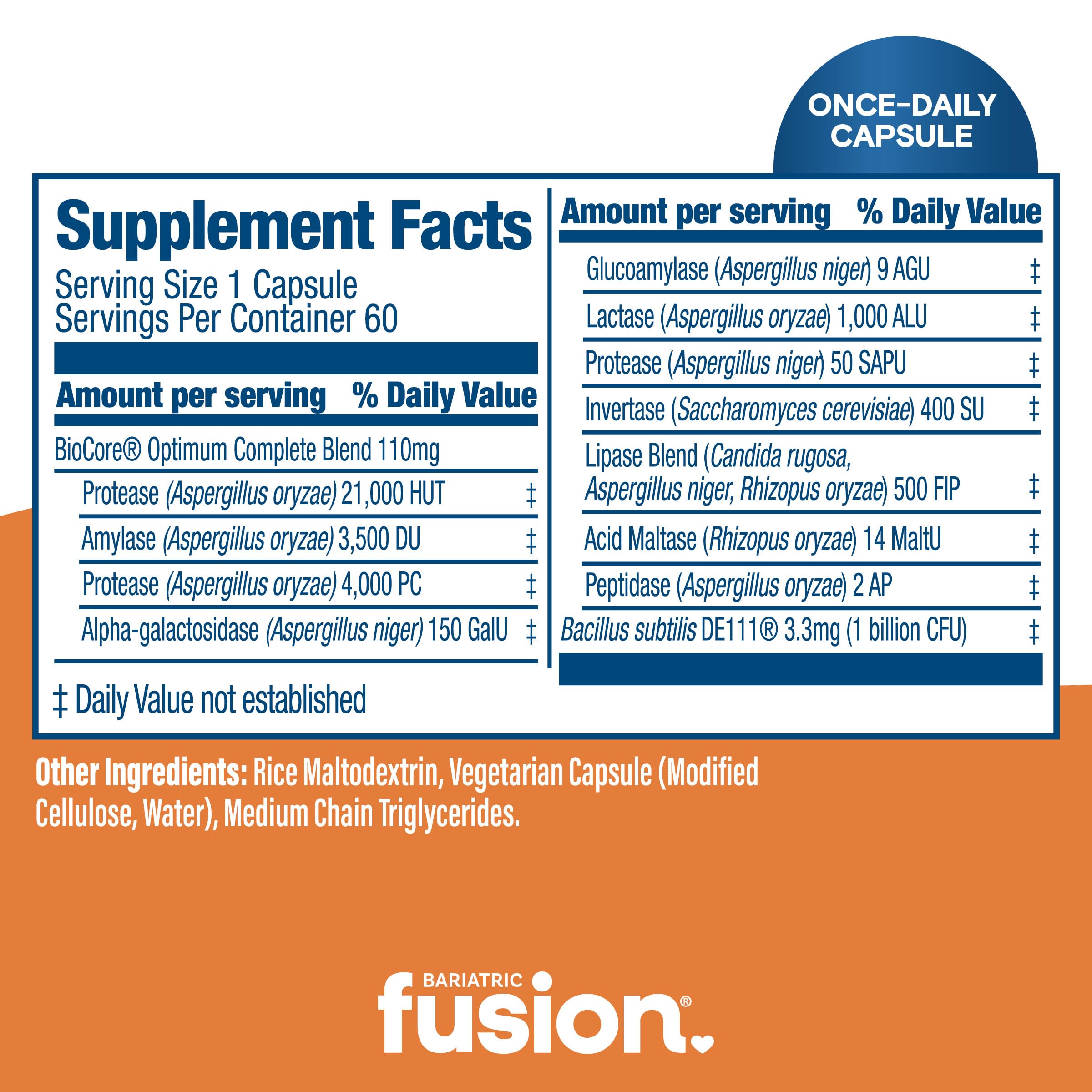 Bariatric Fusion Digestive Support ingredients graphic illustrating 11 digestive enzymes and probiotics.