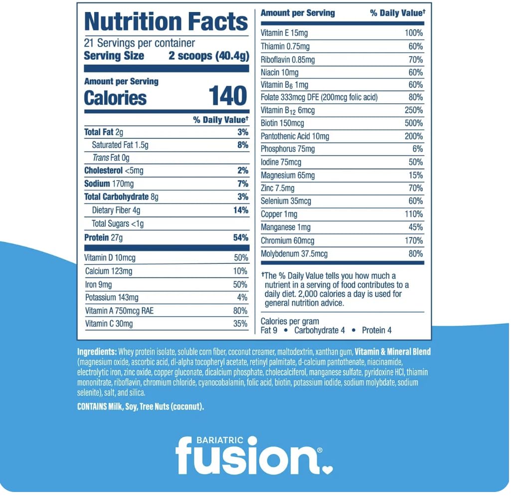 Bariatric Fusion gluten-free, aspartame-free formula supports diverse diet preferences.