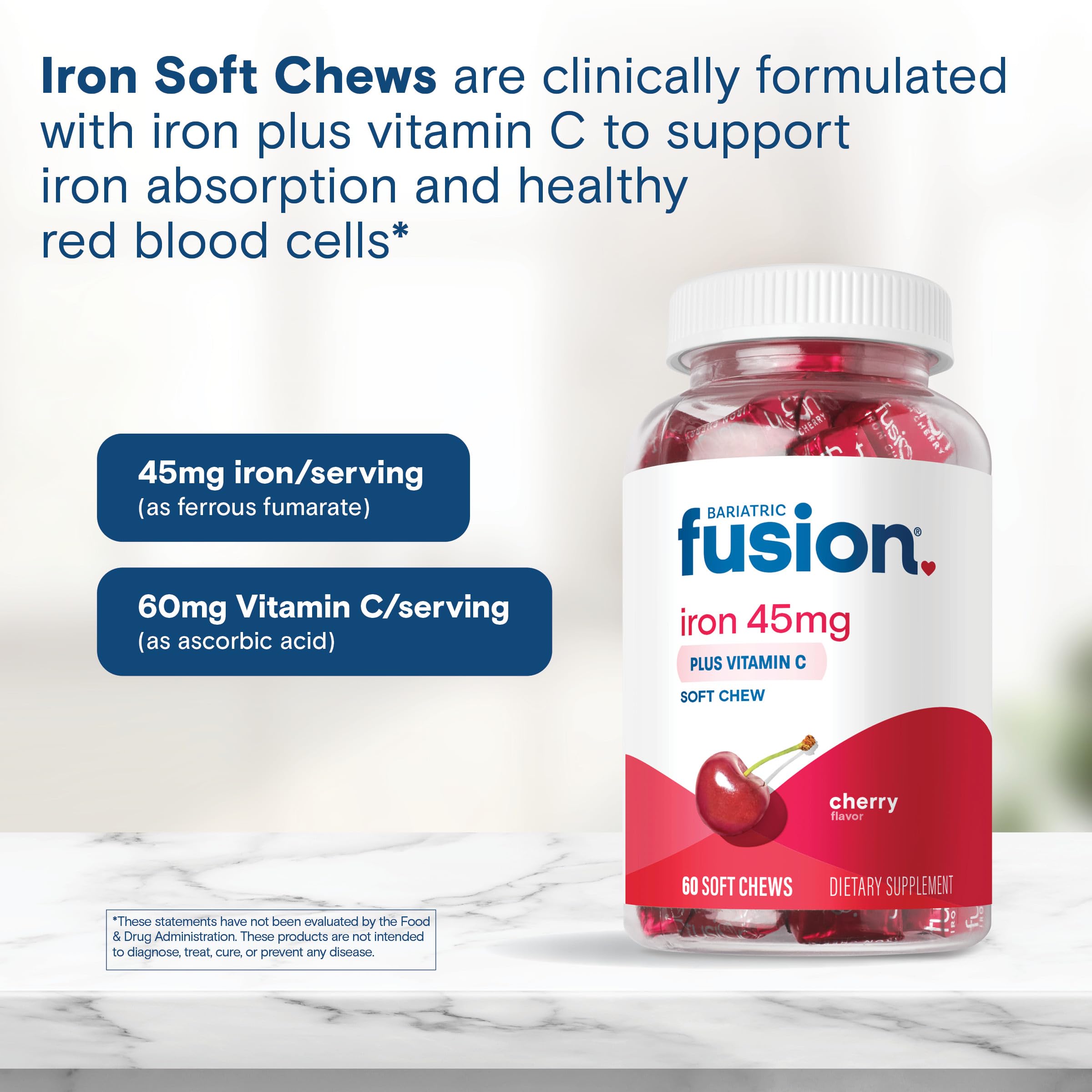 Bariatric Fusion Gluten-free label visible on iron chew packaging.