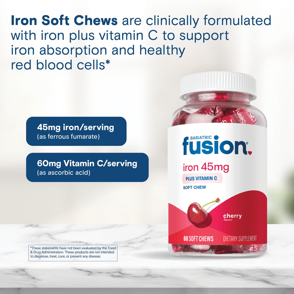 Bariatric Fusion Gluten-free label visible on iron chew packaging.