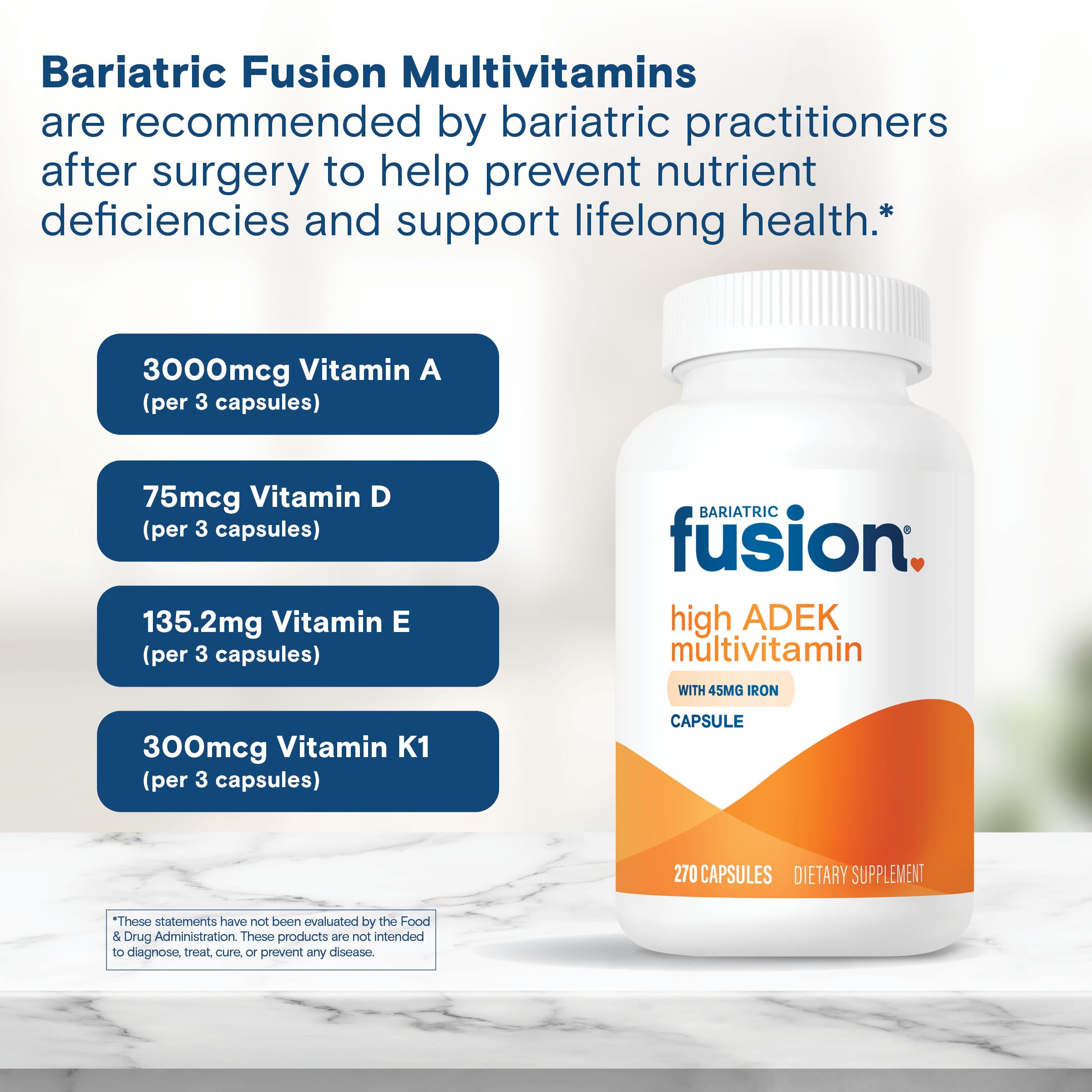 Easy-to-swallow Bariatric Fusion ADEK capsules on a clean surface.