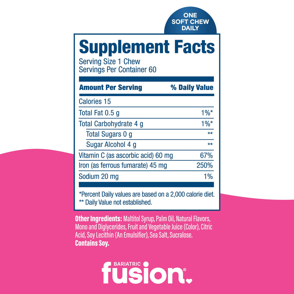 Bariatric Fusion Iron Soft Chews texture close-up shows bite-sized, easy chewing.