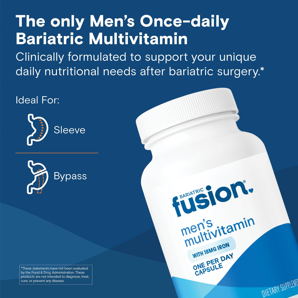 Bariatric Fusion Men’s multivitamin bottle closeup showing easy to swallow design