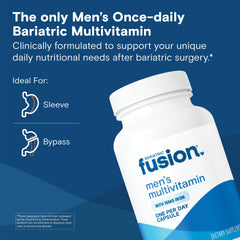 Bariatric Fusion Men’s multivitamin bottle closeup showing easy to swallow design