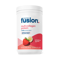 Bariatric Fusion Strawberry Banana Multi Collagen Powder tub front showing flavor for daily joint support.
