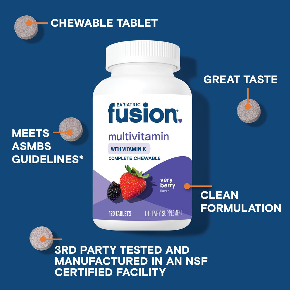 Pouring Bariatric Fusion Very Berry chewable multivitamin demonstrating easy dosing