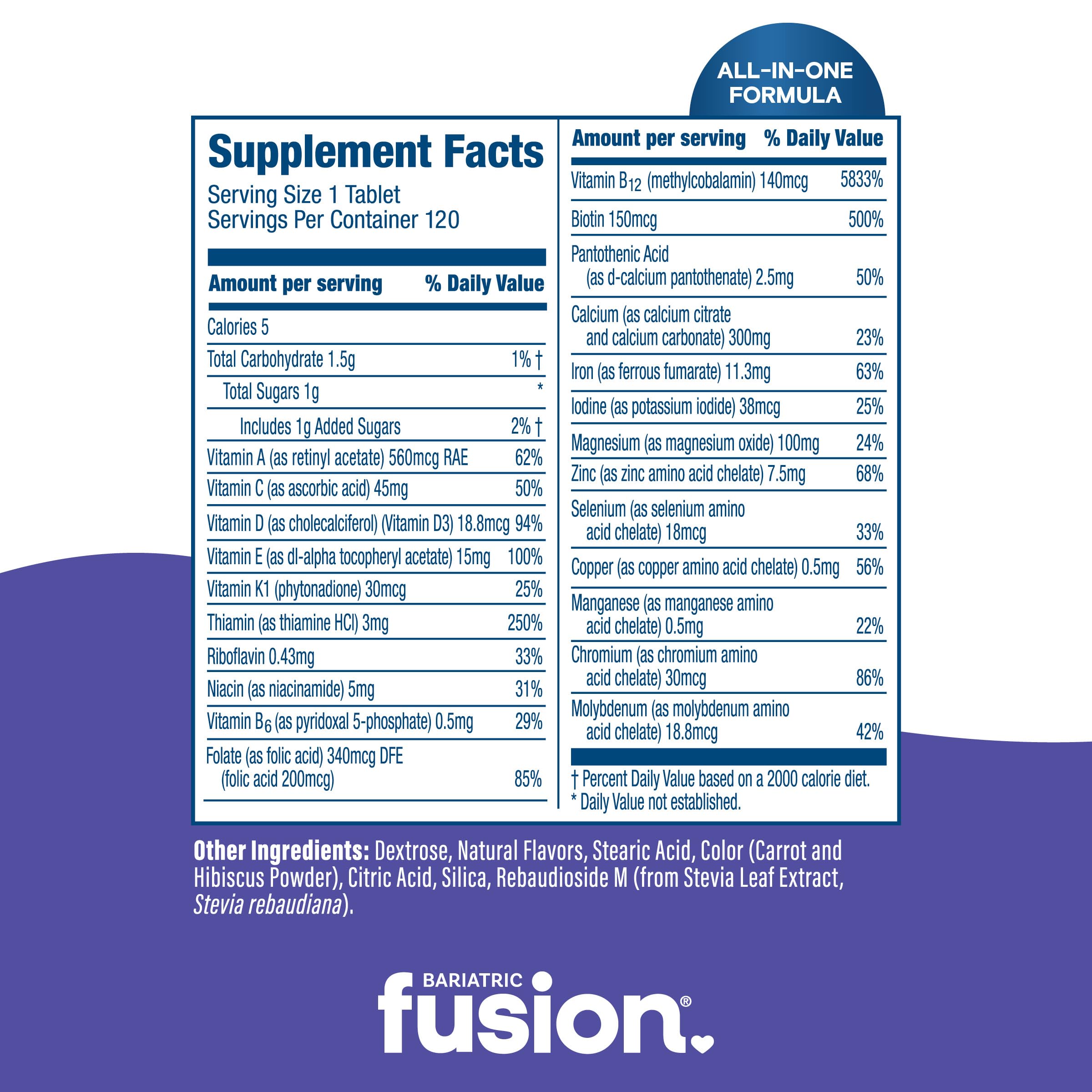 Nutrition facts label on Bariatric Fusion Very Berry bottle with iron and vitamin K