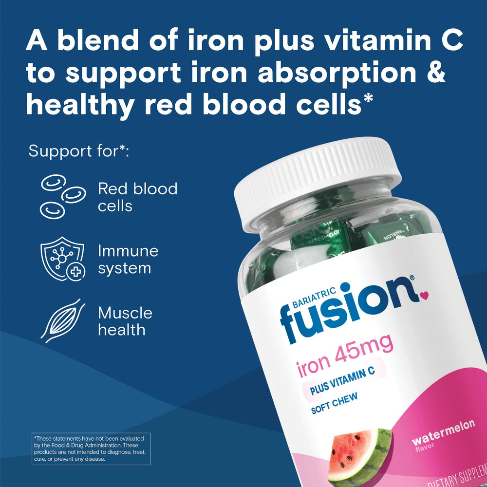 Bariatric Fusion Watermelon Iron Soft Chews close-up highlights a candy-like texture.