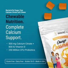BariatricPal calcium citrate chews with vitamin D and probiotics on packaging for easy daily use.