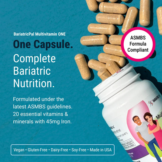 BariatricPal Multivitamin ONE bottle side view; compact capsules for easy swallowing.