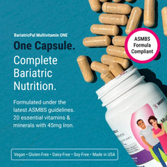 BariatricPal Multivitamin ONE bottle side view; compact capsules for easy swallowing.