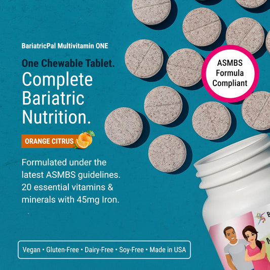 BariatricPal ONE chewable tablet with orange citrus flavor for easy dosing.