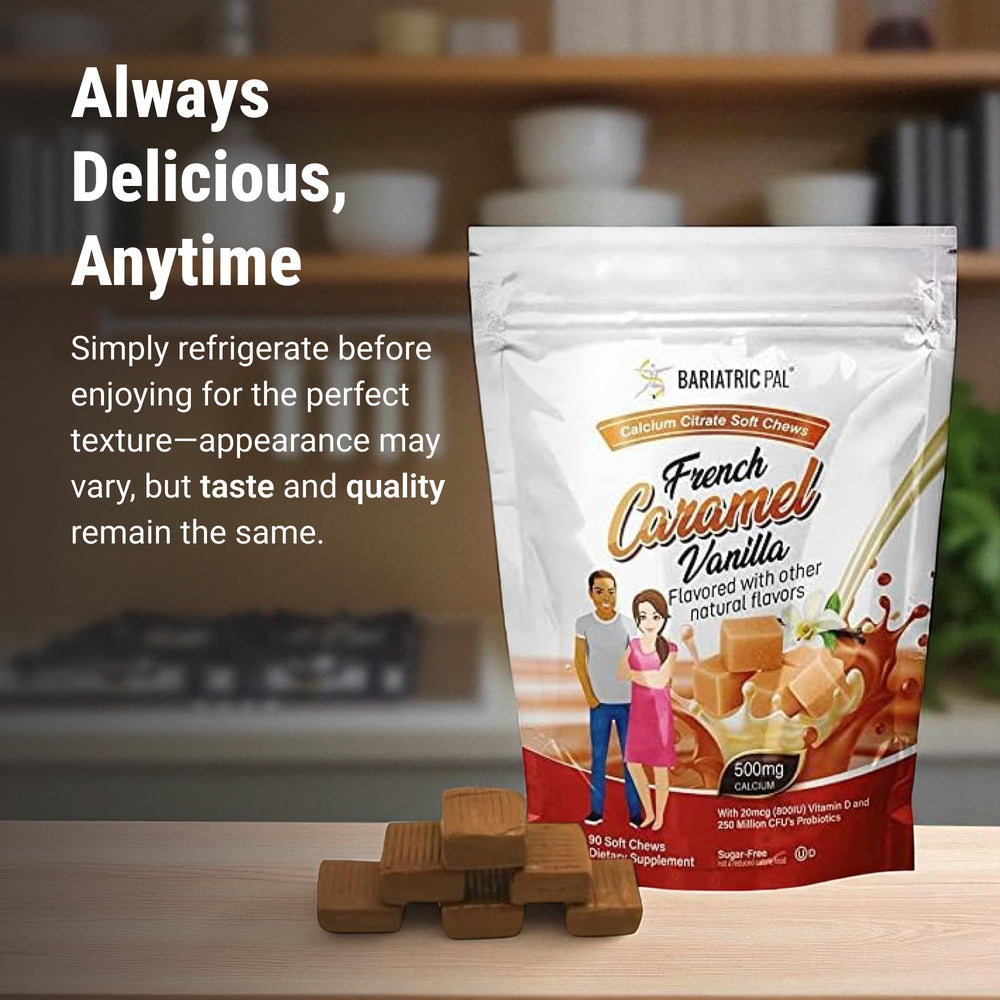Close-up of caramel vanilla flavor on BariatricPal calcium citrate soft chew