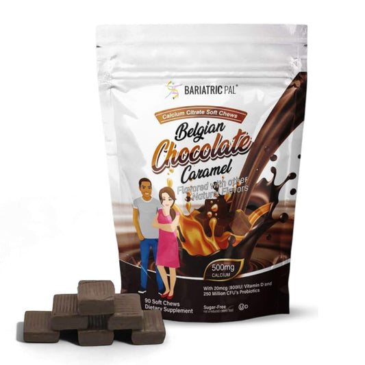 BariatricPal sugar-free calcium citrate soft chews Belgian chocolate caramel close-up showing delicious texture