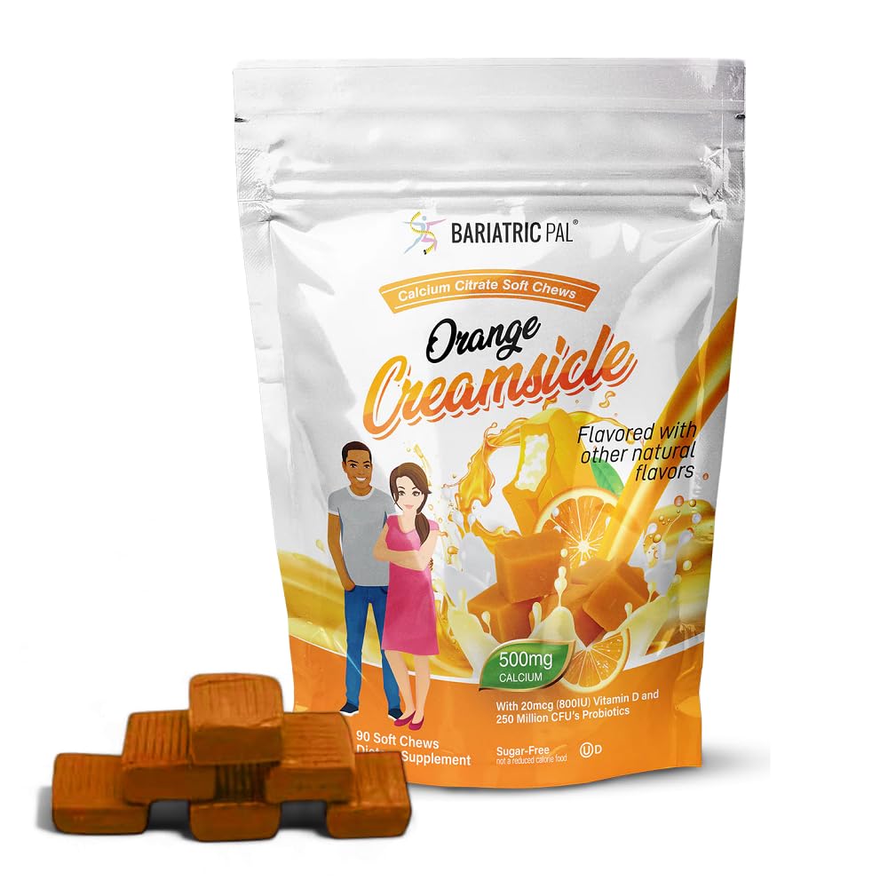 BariatricPal sugar-free calcium citrate chews in orange creamsicle bottle support post-surgery bone health.