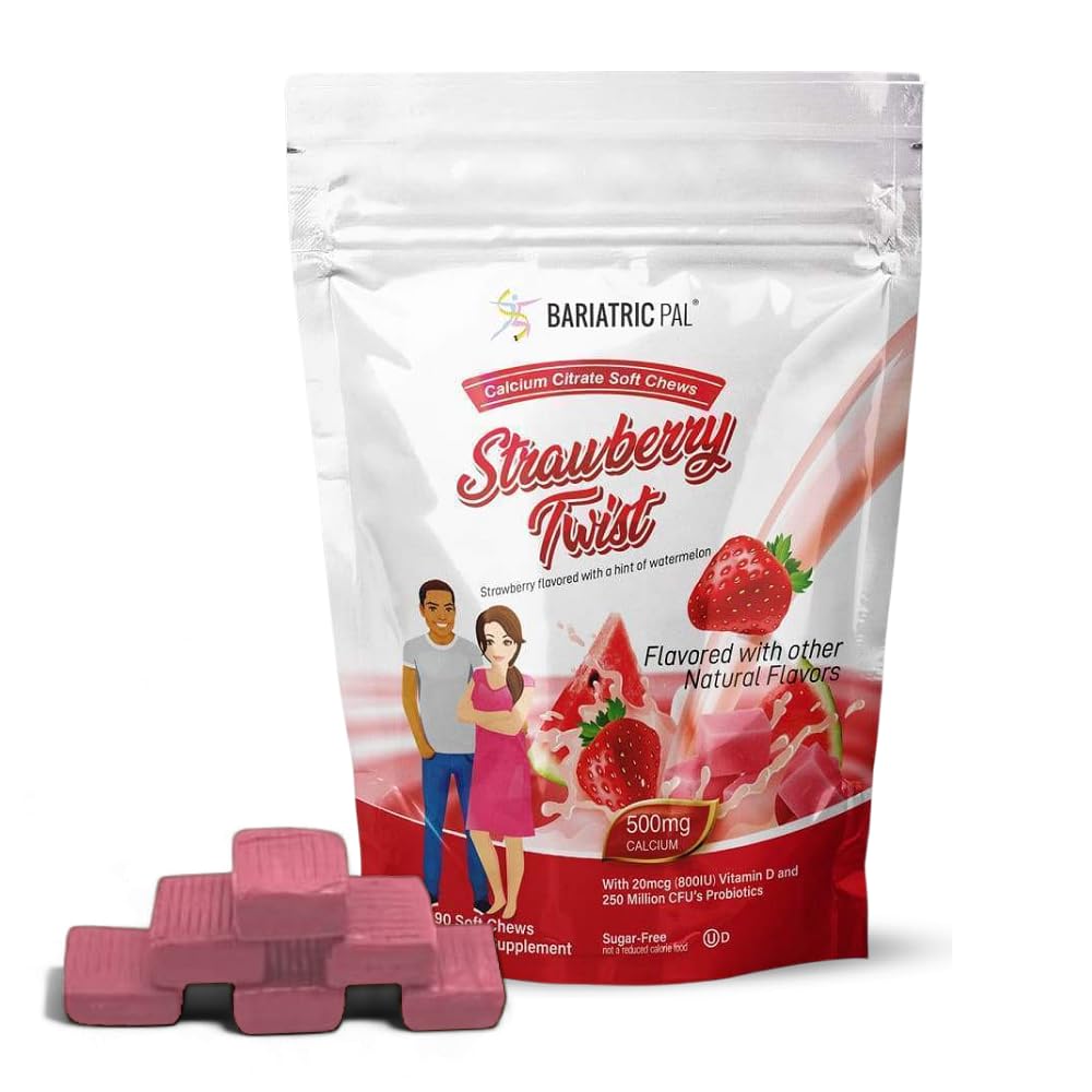 BariatricPal Sugar-Free Calcium Citrate Soft Chews Strawberry Twist bottle front for post-surgery support
