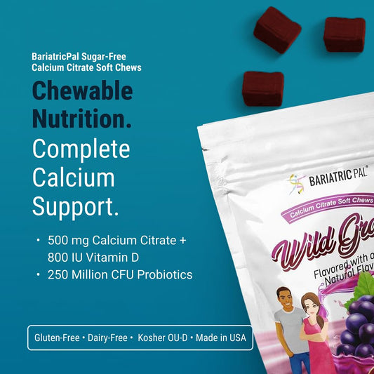 BariatricPal Wild Grape bottle close-up, 500 mg calcium citrate and vitamin D3 for daily bone maintenance.