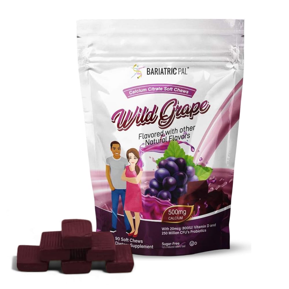 BariatricPal Wild Grape chews front view, sugar-free calcium citrate for post-surgery bone support.