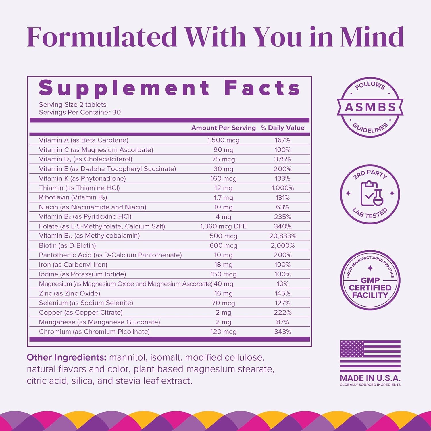 Barimelts bariatric multivitamin blueberry bottle label shows 21 vitamins and minerals for post-op support