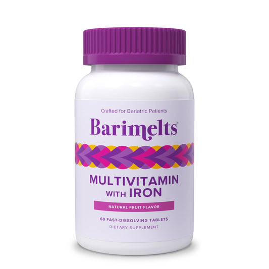 Barimelts bariatric multivitamin tablets bottle highlighting post-surgery nutritional support.