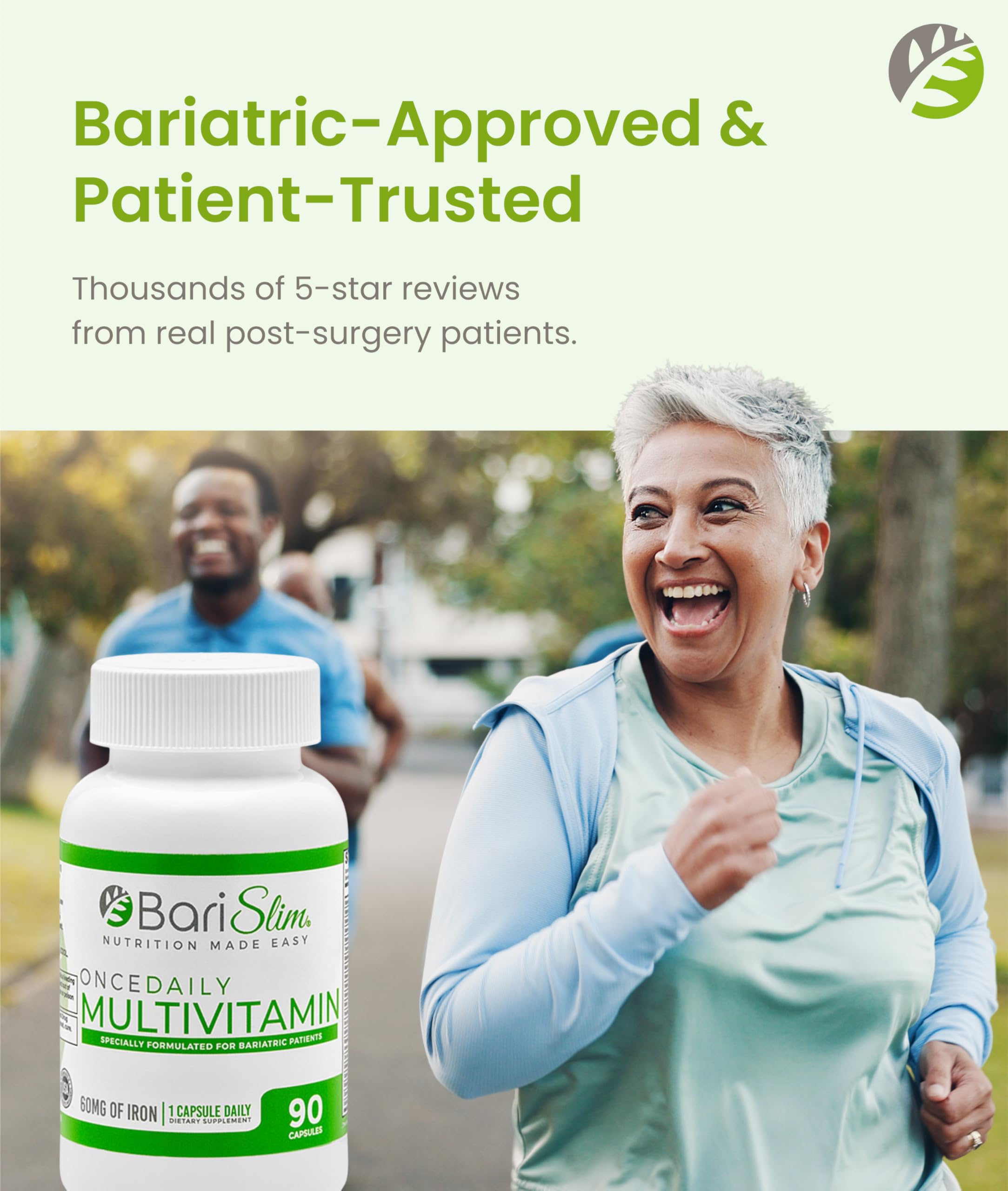 BariSlim packaging features gluten-free and non-GMO icons for dietary compatibility.