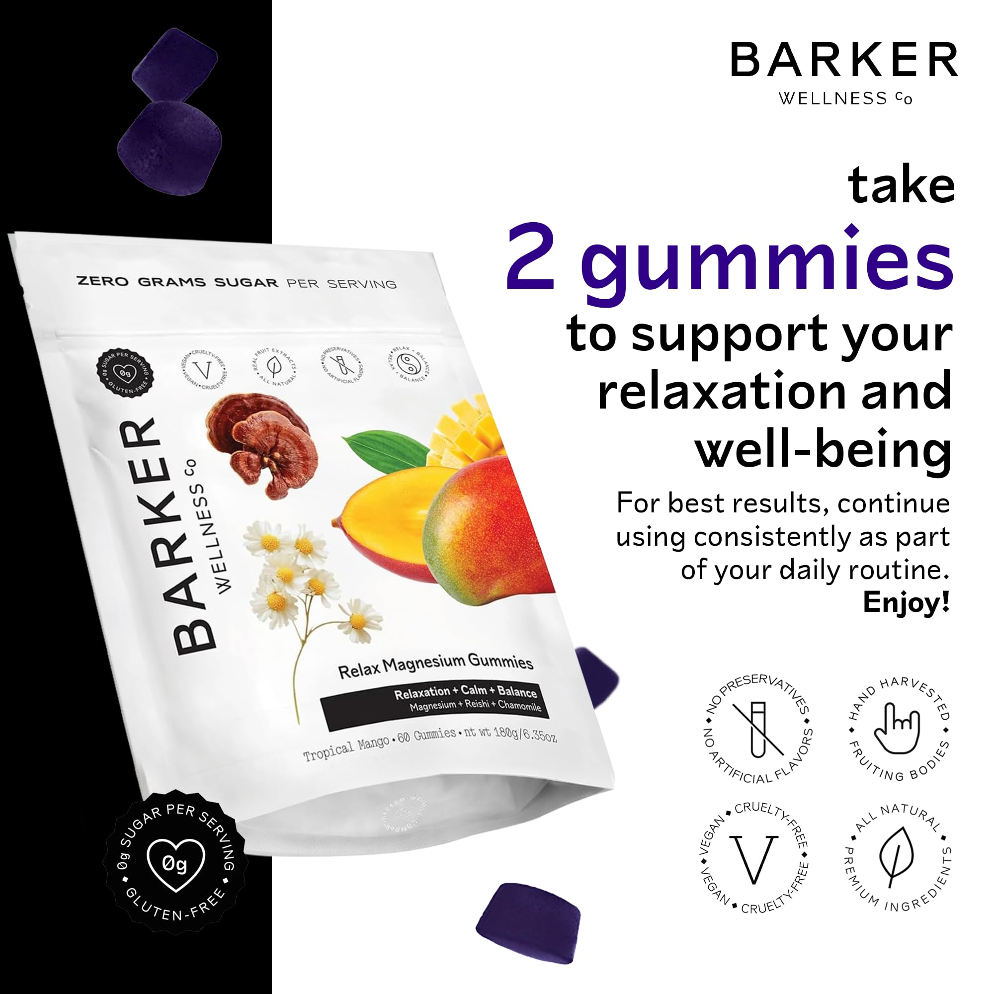 Closeup of Barker Wellness Co Magnesium Relax Gummies emphasizes tropical mango flavor