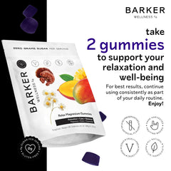 Closeup of Barker Wellness Co Magnesium Relax Gummies emphasizes tropical mango flavor
