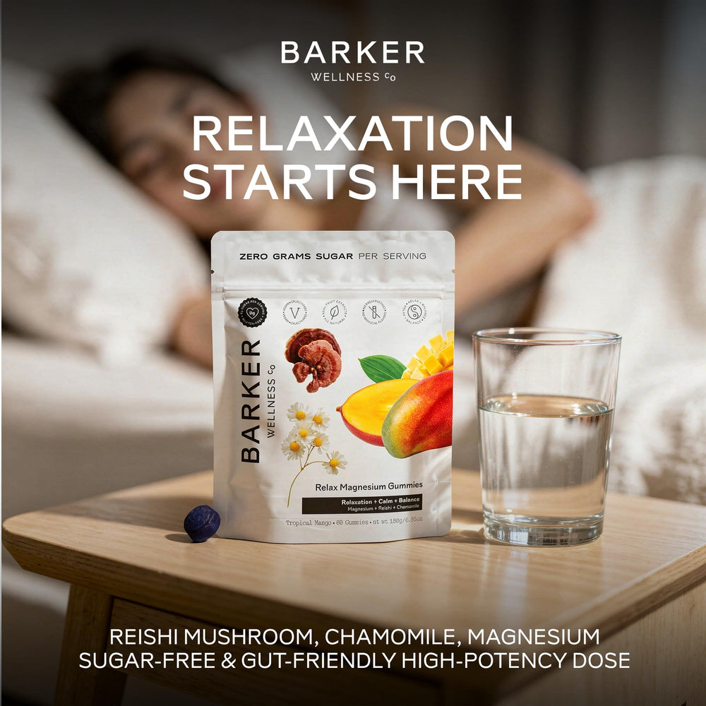 Reishi mushroom and chamomile elements accompany Barker Magnesium Relax Gummies for calm signals