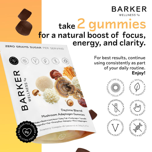 Barker Wellness Co Daytime Gummies bottle back with ingredients and label