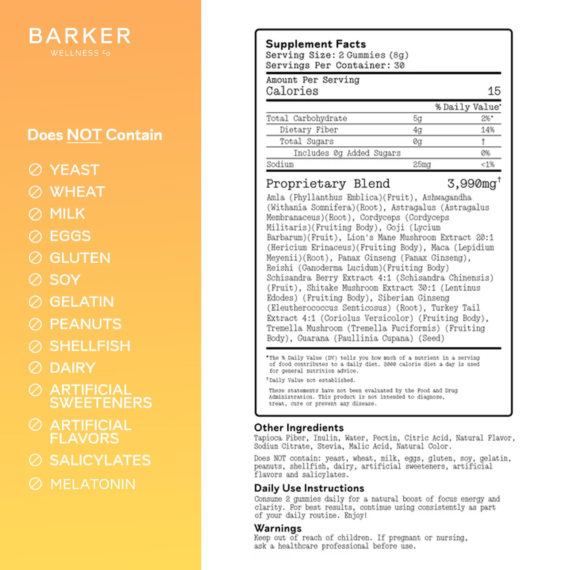 Jar label of Barker Wellness Co Daytime Gummies featuring mushroom blend