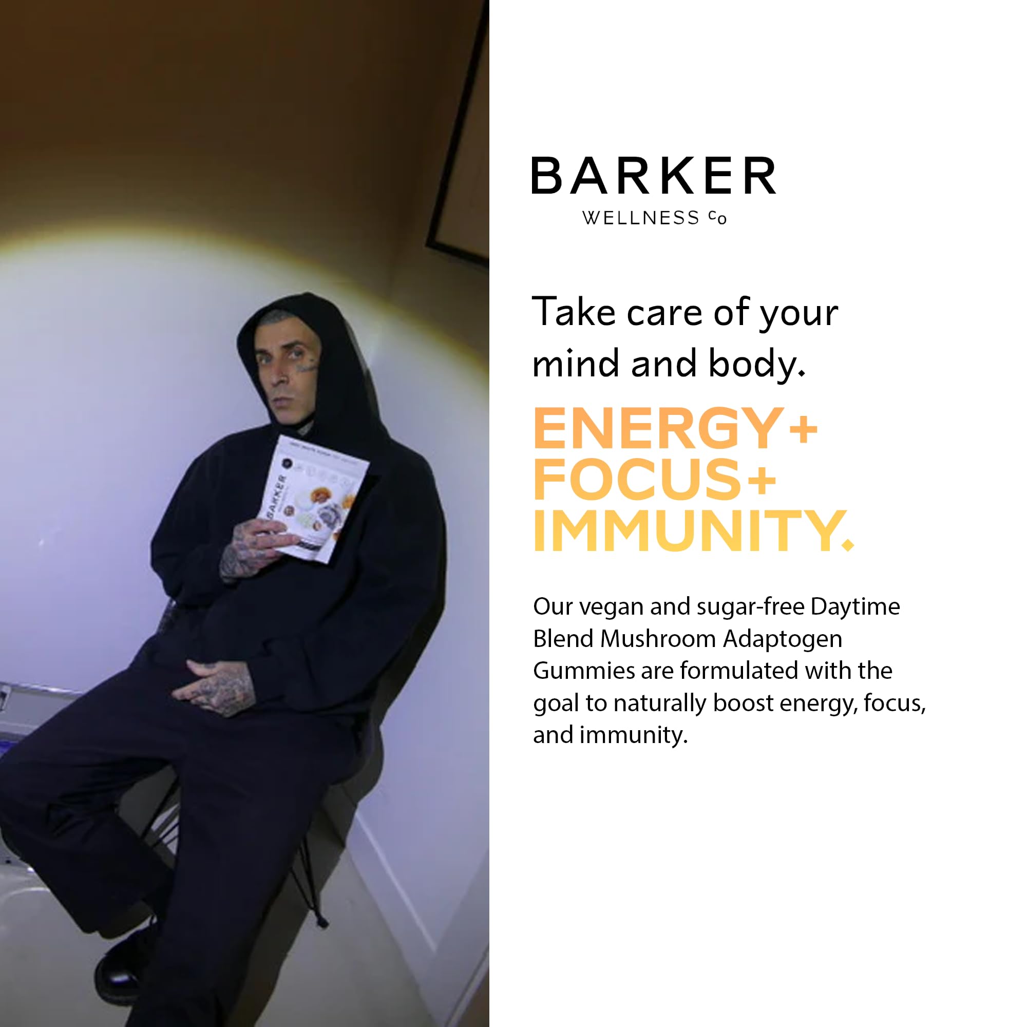 Serving scene with Barker Wellness Co gummies for focus and vitality