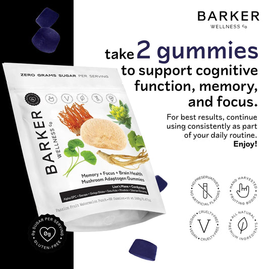 Close-up of Barker Wellness label featuring Lion's Mane and Cognizin ingredients