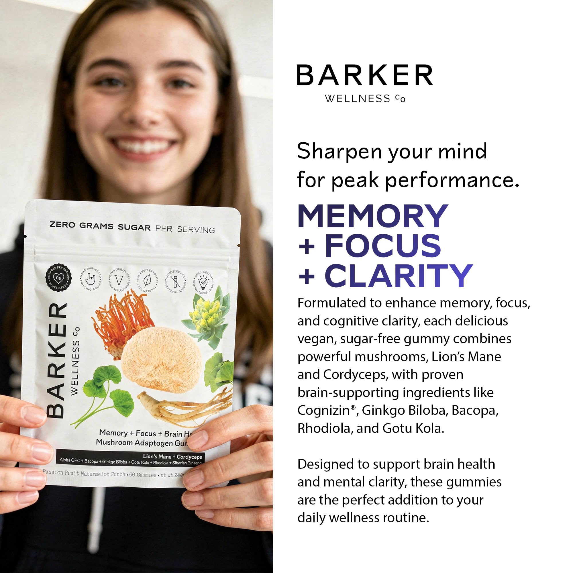 USA-made badge on Barker Wellness Mushroom Adaptogen Gummies packaging