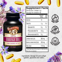 Barlean's Borage Oil nutrition label closeup shows gluten-free and non-GMO ingredients.