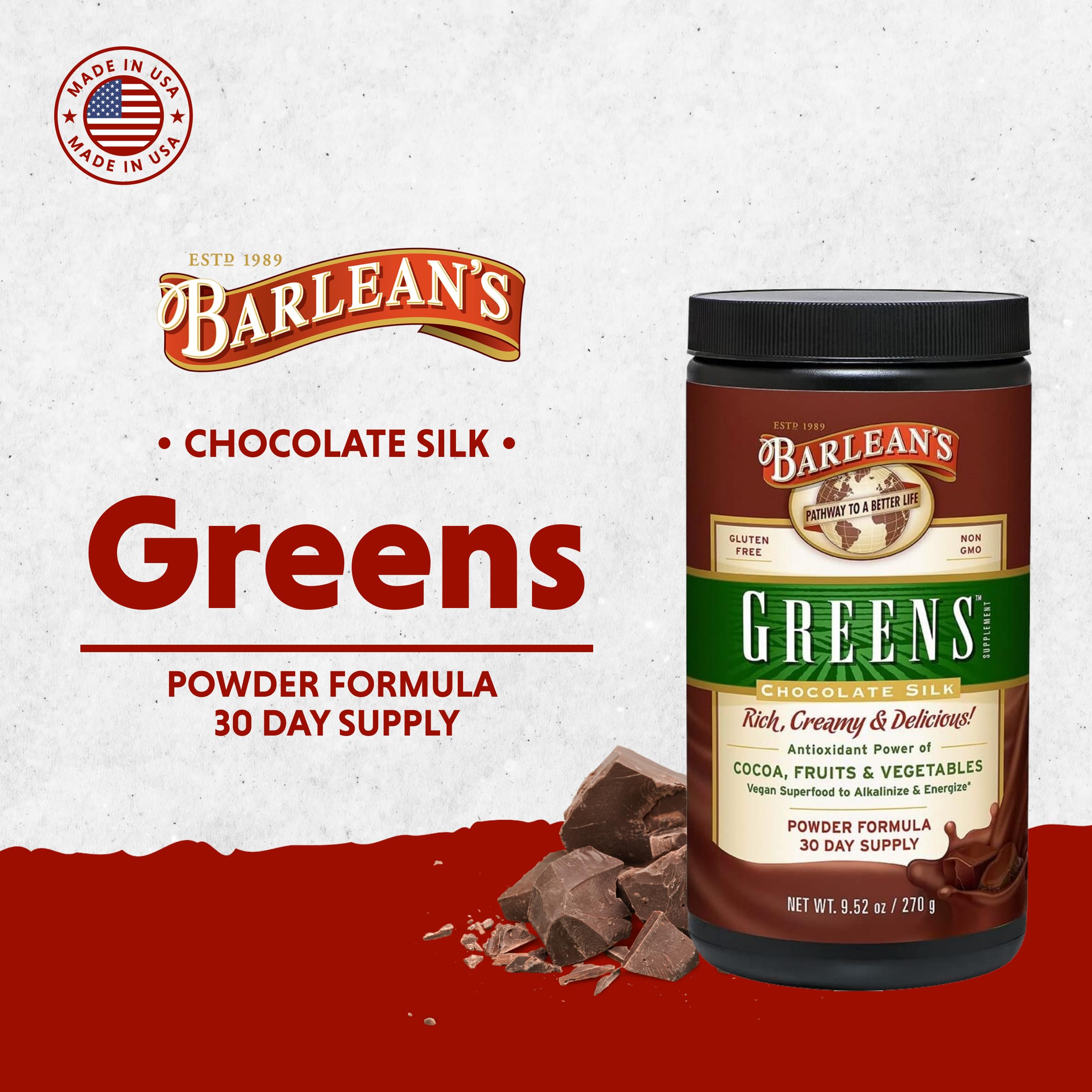 Barlean's Chocolate Greens prepared drink in a glass for morning smoothies.