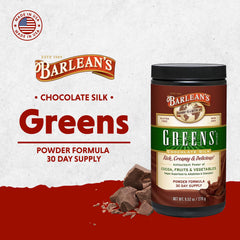 Barlean's Chocolate Greens prepared drink in a glass for morning smoothies.