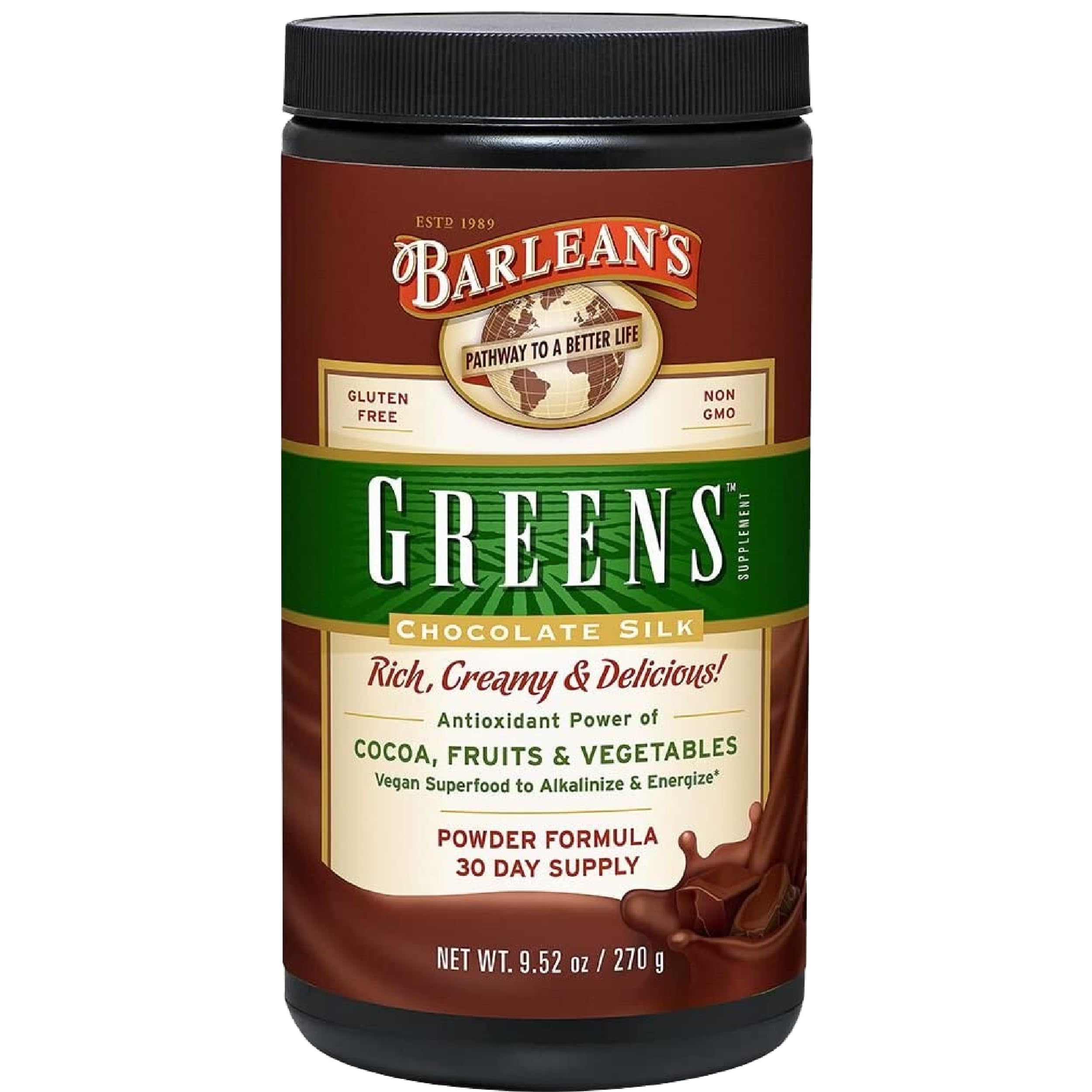 Barlean's Chocolate Greens powder jar shows a rich blend for daily energy.