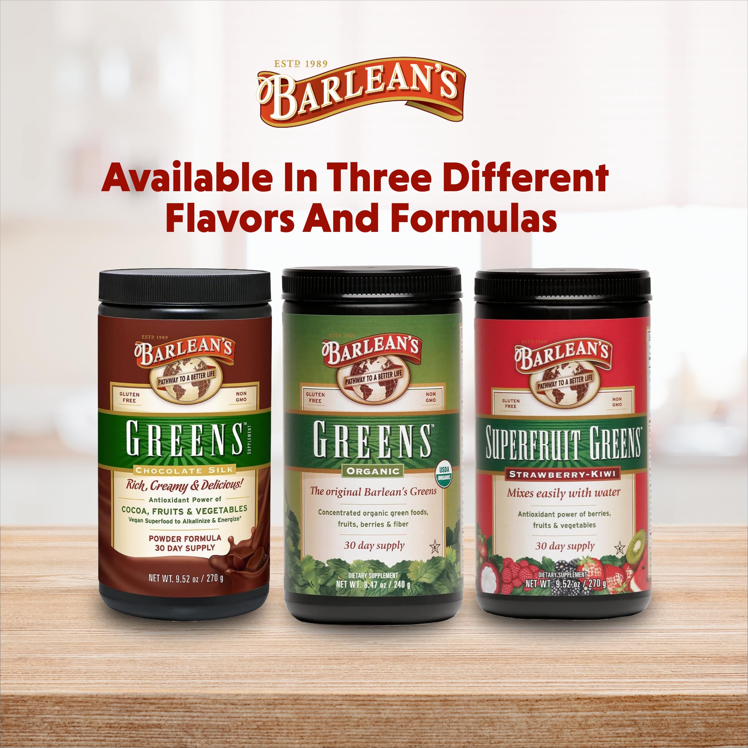 Barlean's Greens serving scoop poured into water for easy mixing.